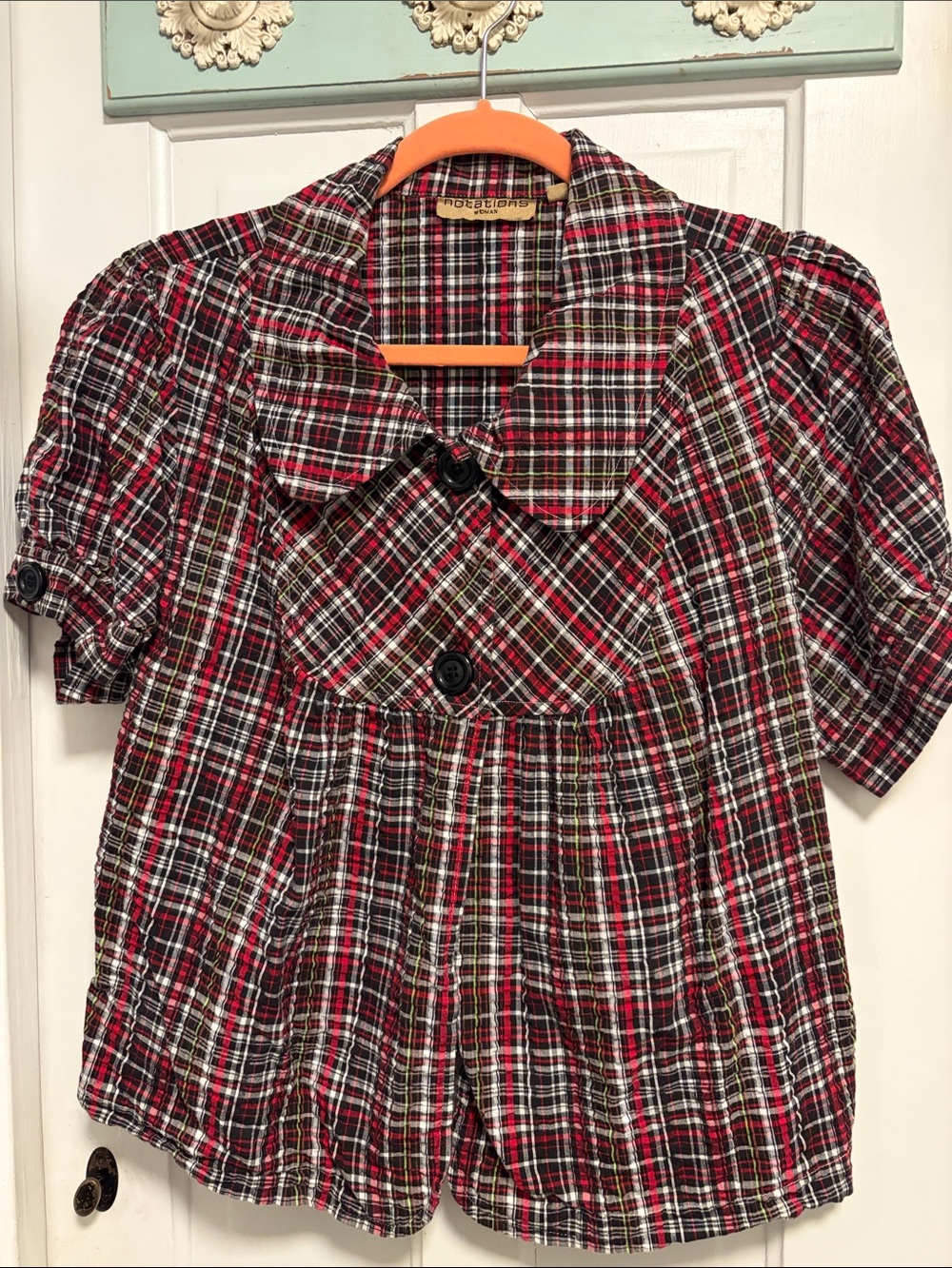 Notations Red and Black Plaid Button-Front Top